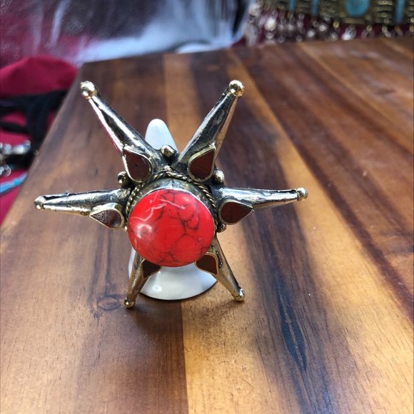 Red Stone Star Ring, Afghan Massive Ring, Handmade Statement Stone Ring, Boho - Picture 2 of 14
